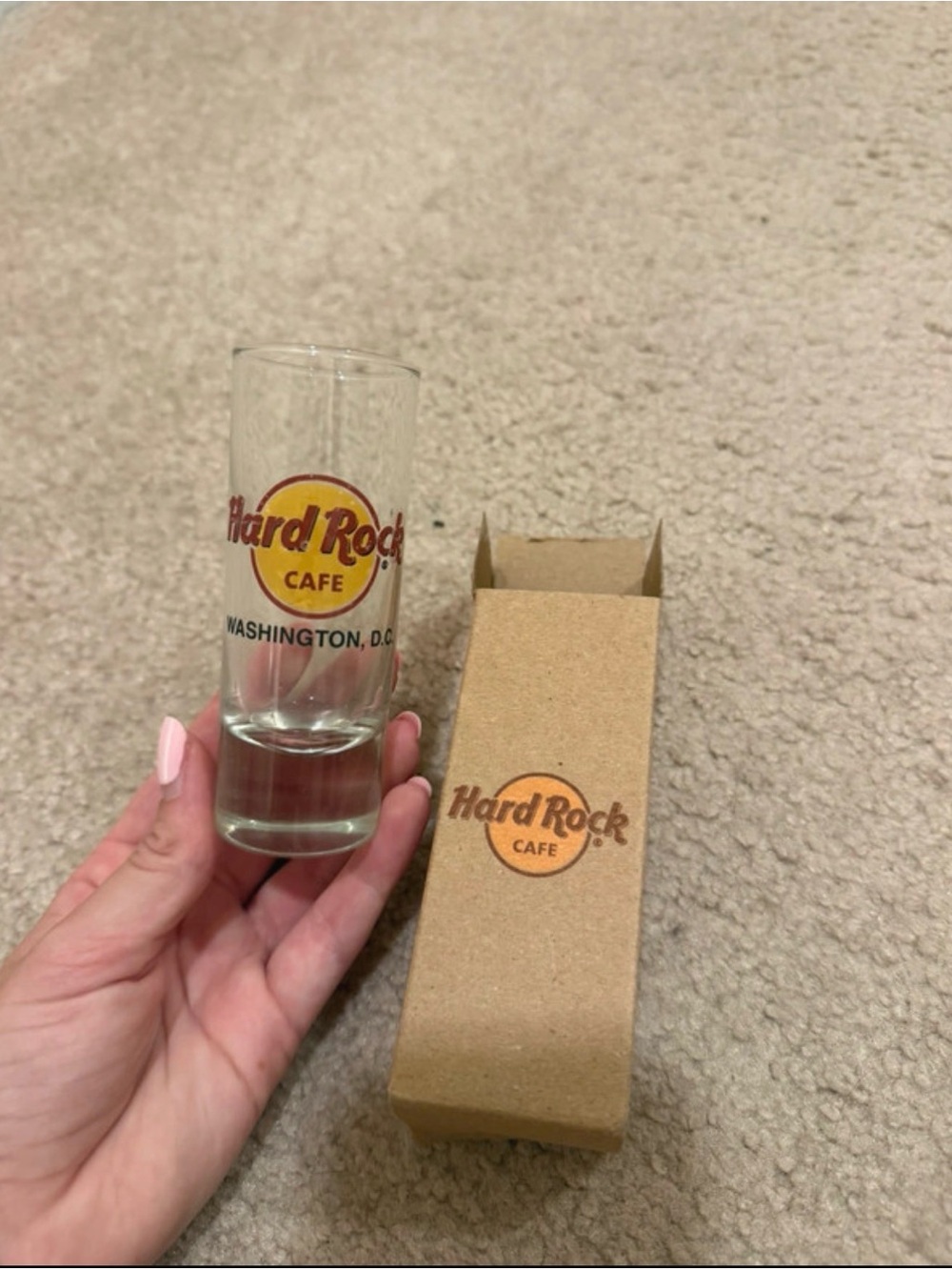 Hard Rock Cafe Clear Shot Glass with Yellow and Red Logo
